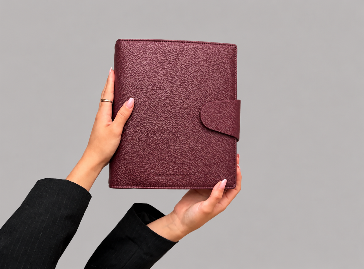 The Alma Binder in Plum, burgundy vegan leather A5 binder by Her Paper Path