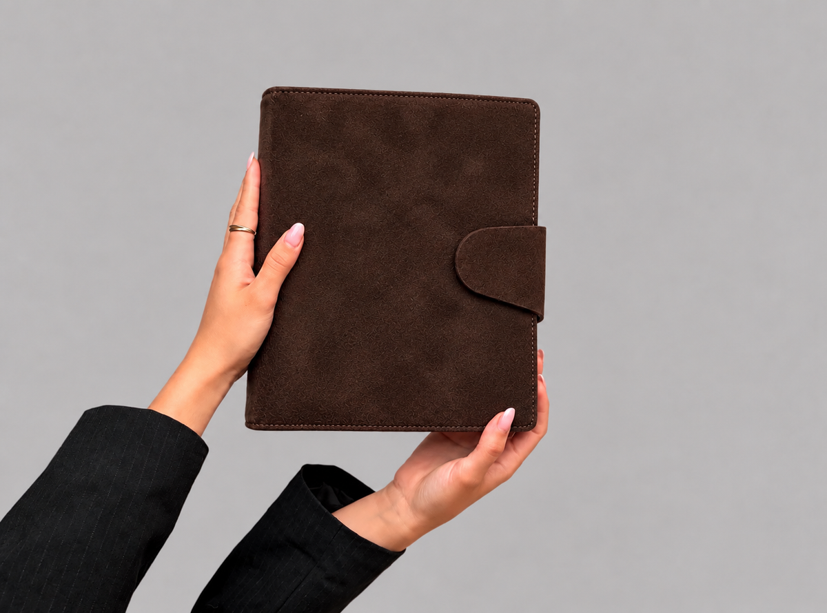 The Alma Binder A5 in Truffle chocolate suede