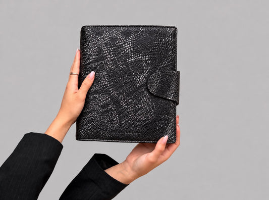 The Alma Binder in Mamba, dark snake texture A5 binder by Her Paper Path