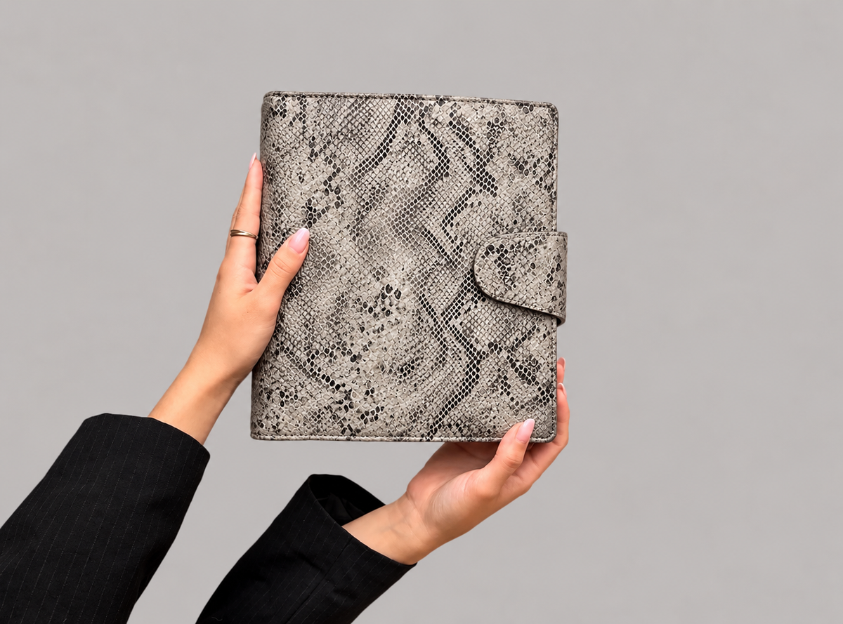 The Alma Binder in Boa, beige snake texture A5 binder by Her Paper Path
